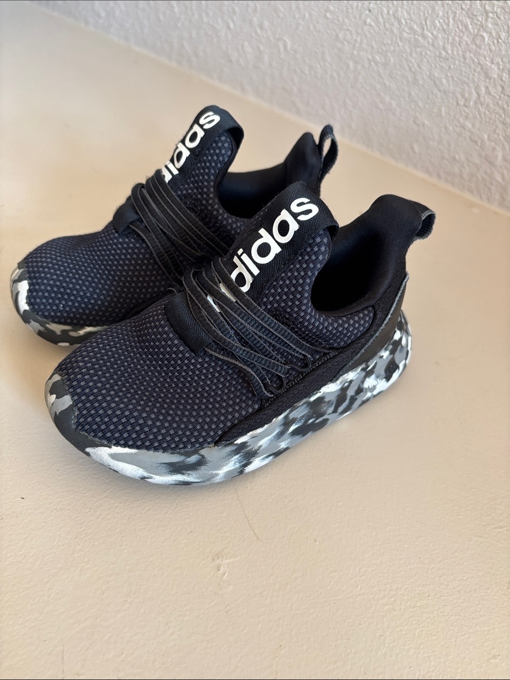 Adidas Kids Black Sneakers with Black & White Camo Sole